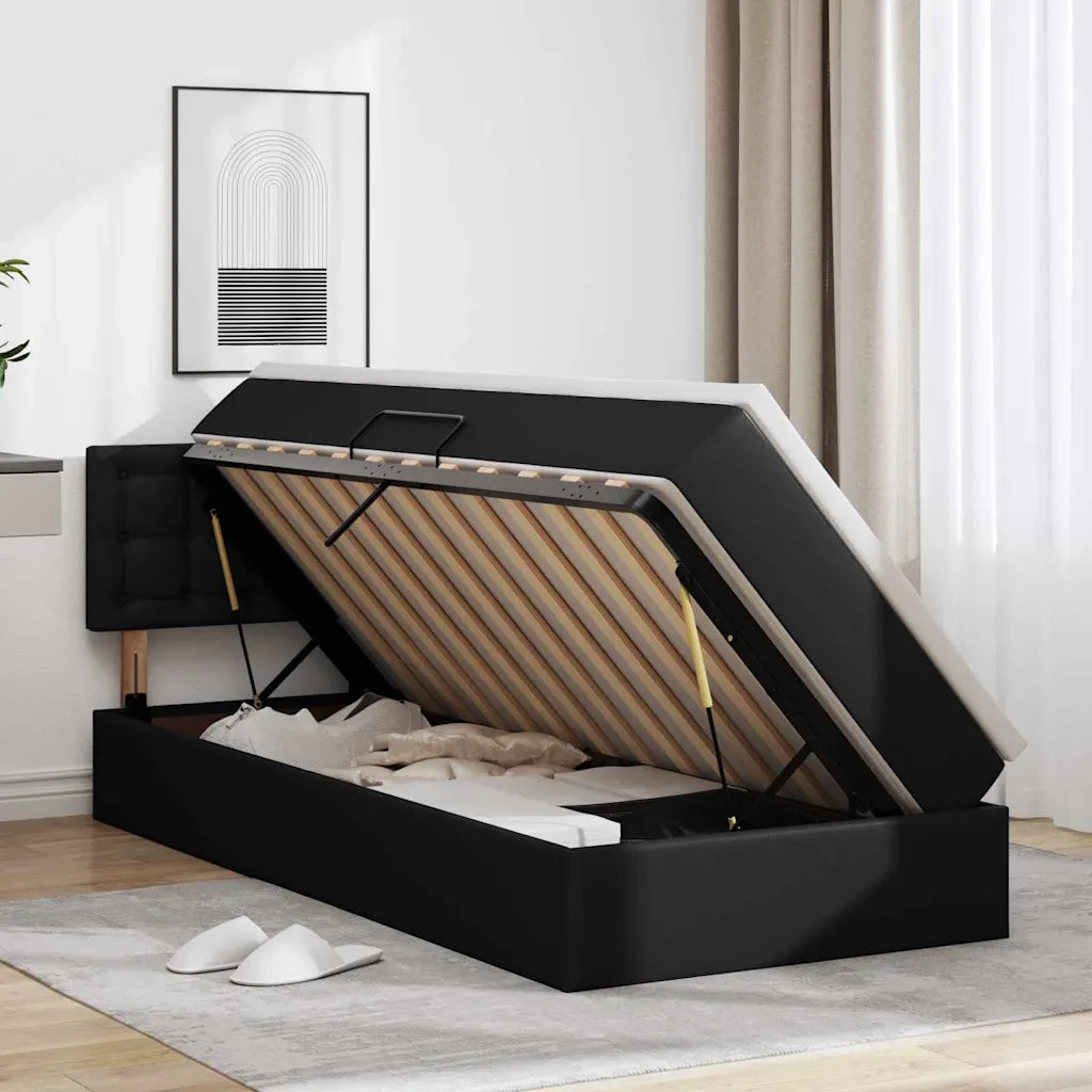 Letto con contenitore e materasso con testiera Nero 90 x 200 cm