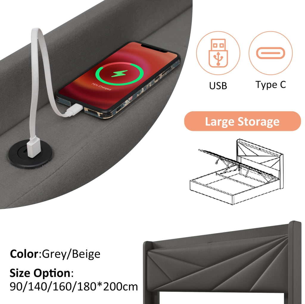Letto matrimoniale contenitore 180x200 cm grigio con USB-C