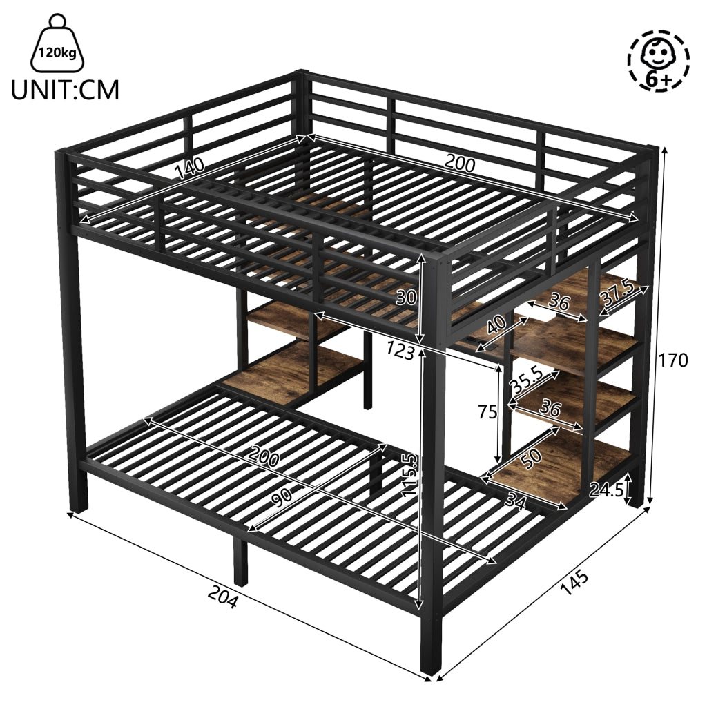 Letto a castello 90 × 200 cm e 140 × 200 cm in metallo e MDF nero con ripiani LED USB e Type-C