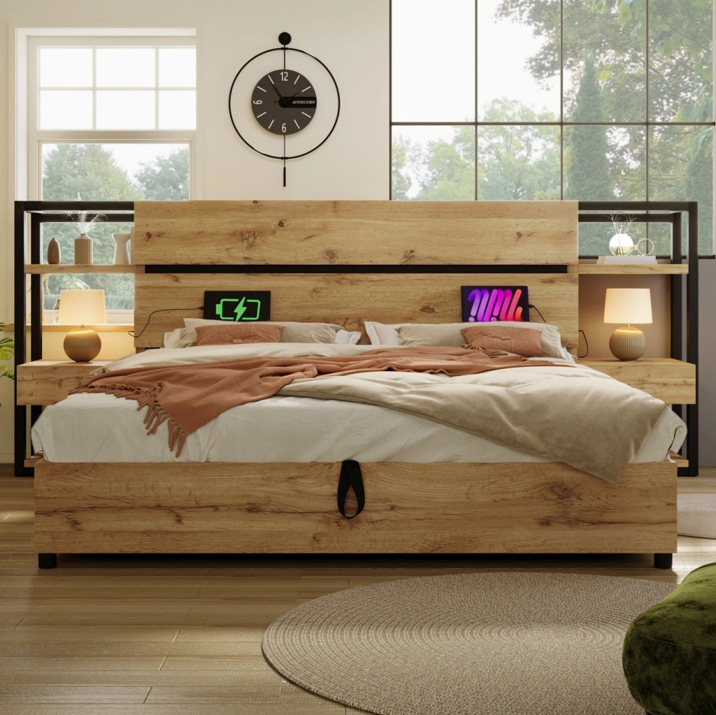 Letto matrimoniale 180x200 cm in legno e metallo con contenitore, testiera con cassetti e porta USB Type-C, rovere