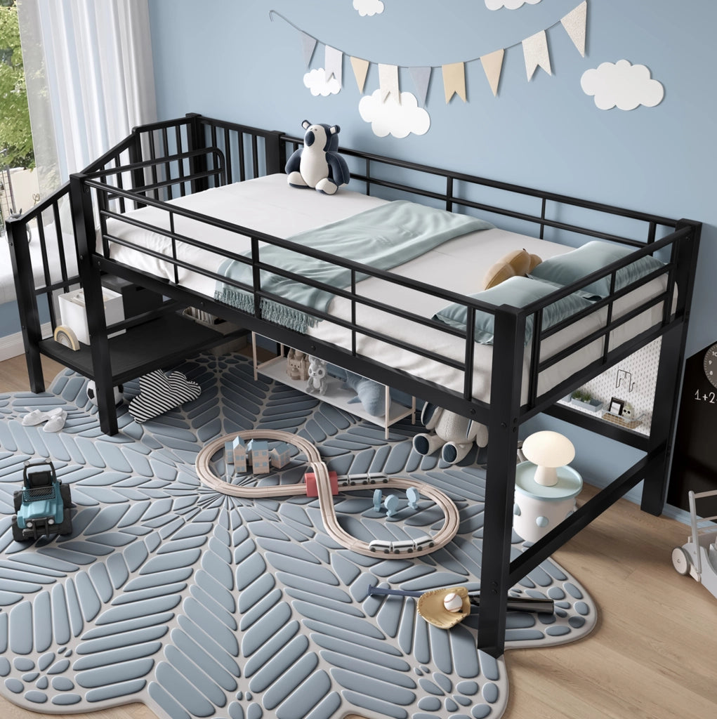 Letto a soppalco basso 90x200 cm con scala contenitore; nero