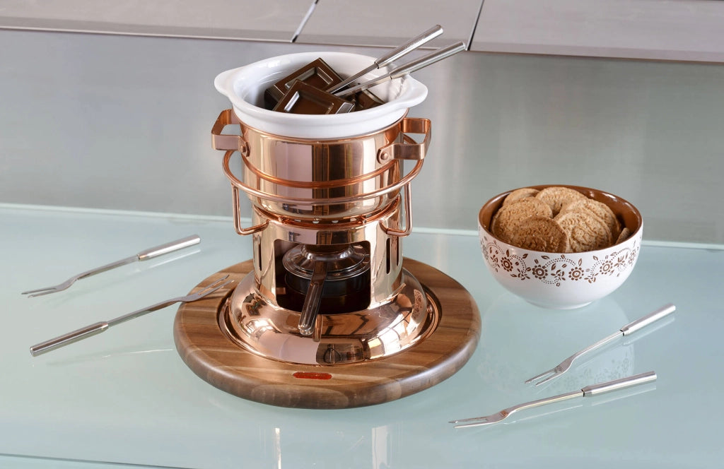 Cioccolatiera in Rame con 6 Forchettine e Base in Legno Alexander