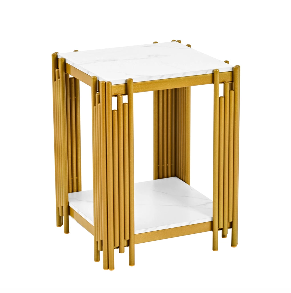 Tavolino con 2 ripiani in MDF effetto marmo bianco e oro