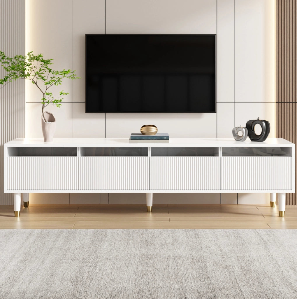 Mobile TV 178x35x45 cm con 4 cassetti e passacavi in MDF e acrilico bianco