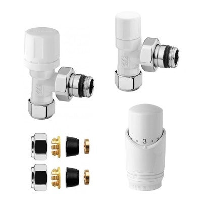 Kit valvola e detentore raccordo rame 12 e termostato liquido bianco