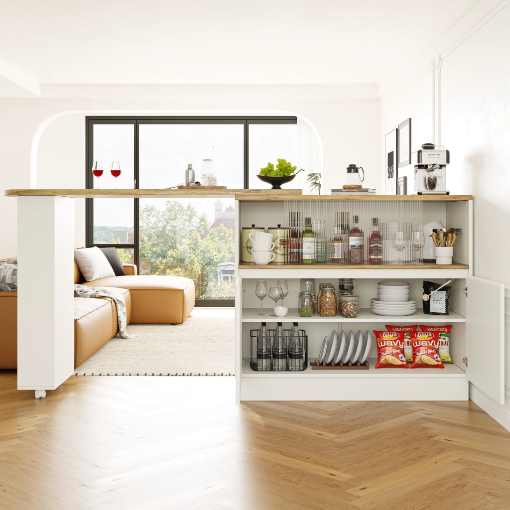 Isola cucina girevole a 360 gradi in MDF bianco con vetro scorrevole, 90 x 45 x 100 cm