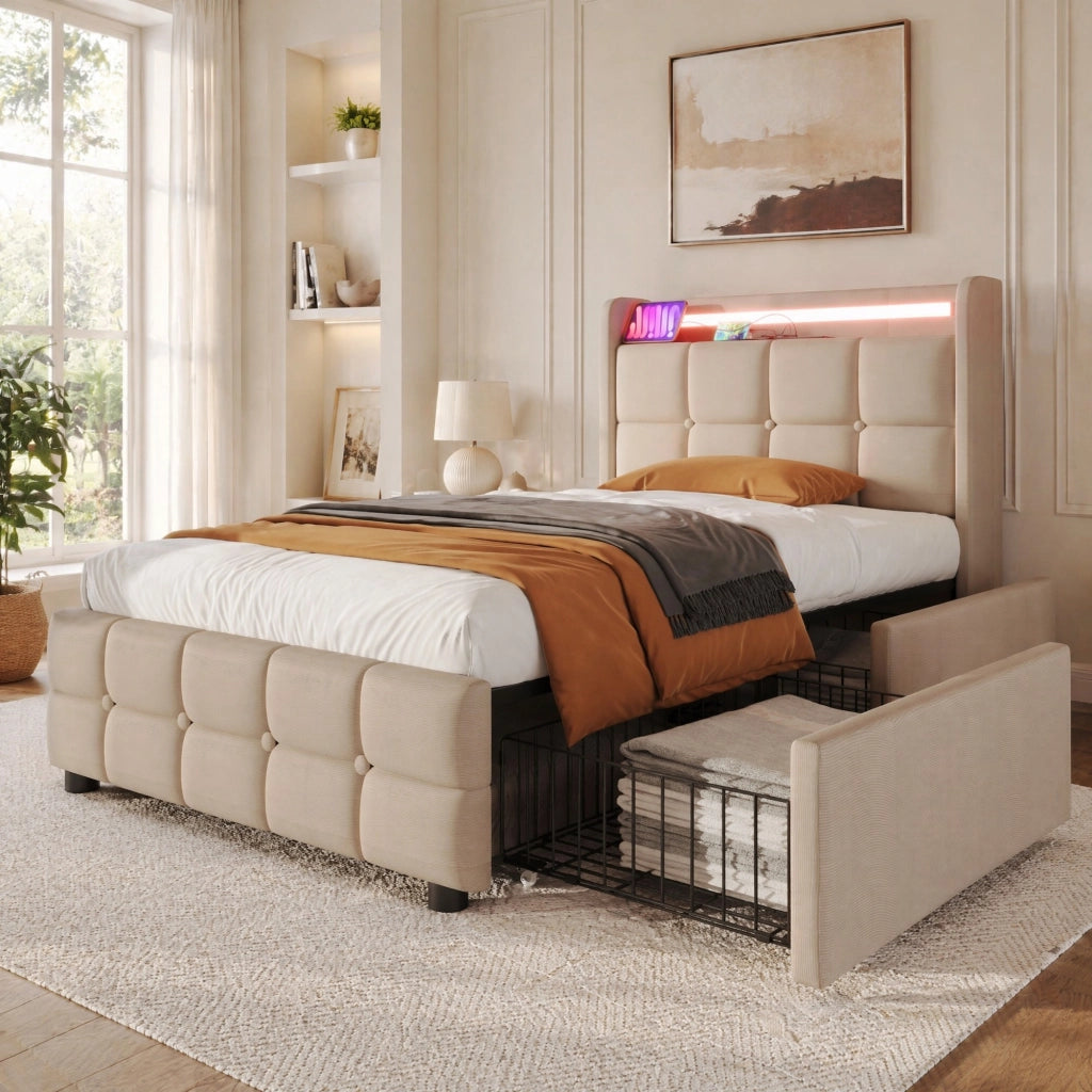 Letto singolo imbottito 90x200 cm con USB; prese; LED e 2 cassetti; beige