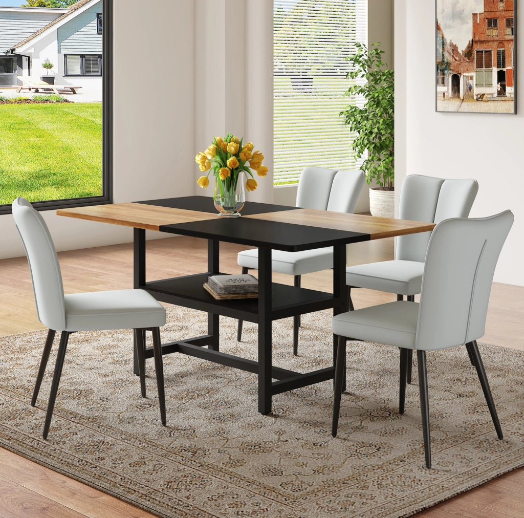 Tavolo da pranzo 160x90x76 cm in MDF marrone e nero con vano, 4 sedie grigio chiaro