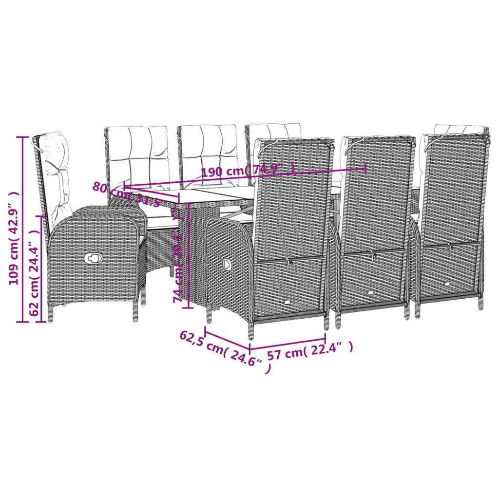 Set da Pranzo da Giardino 9 pz con Cuscini in Polyrattan Grigio 3213518