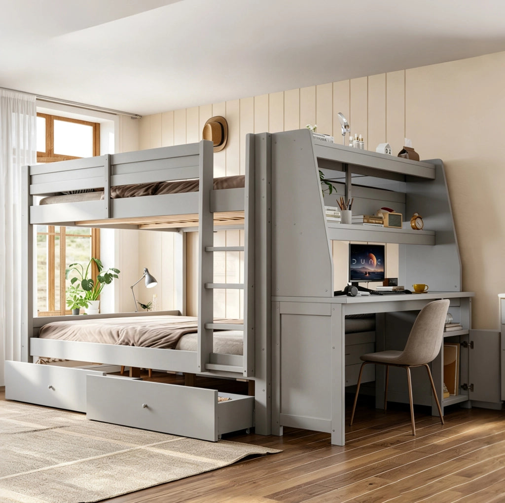 Letto a castello 140x200 cm con scrivania, armadio laterale e cassetti
