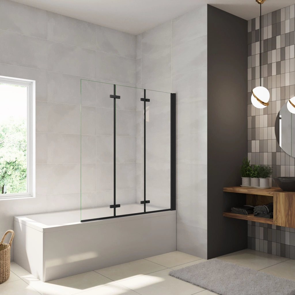 Parete Doccia Per Vasca da Bagno 130x140 cm 3 Ante Movibili Pieghevoli a Libro in Vetro Temperato 6 mm Trasparente Anticalcare Telaio Nero Opaco
