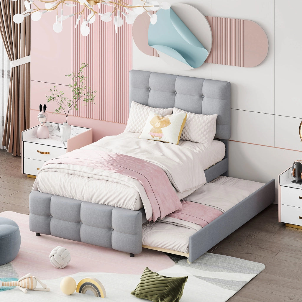 Letto singolo estraibile 90×200 cm e 90×190 cm con testiera regolabile, senza materasso, imbottito, grigio