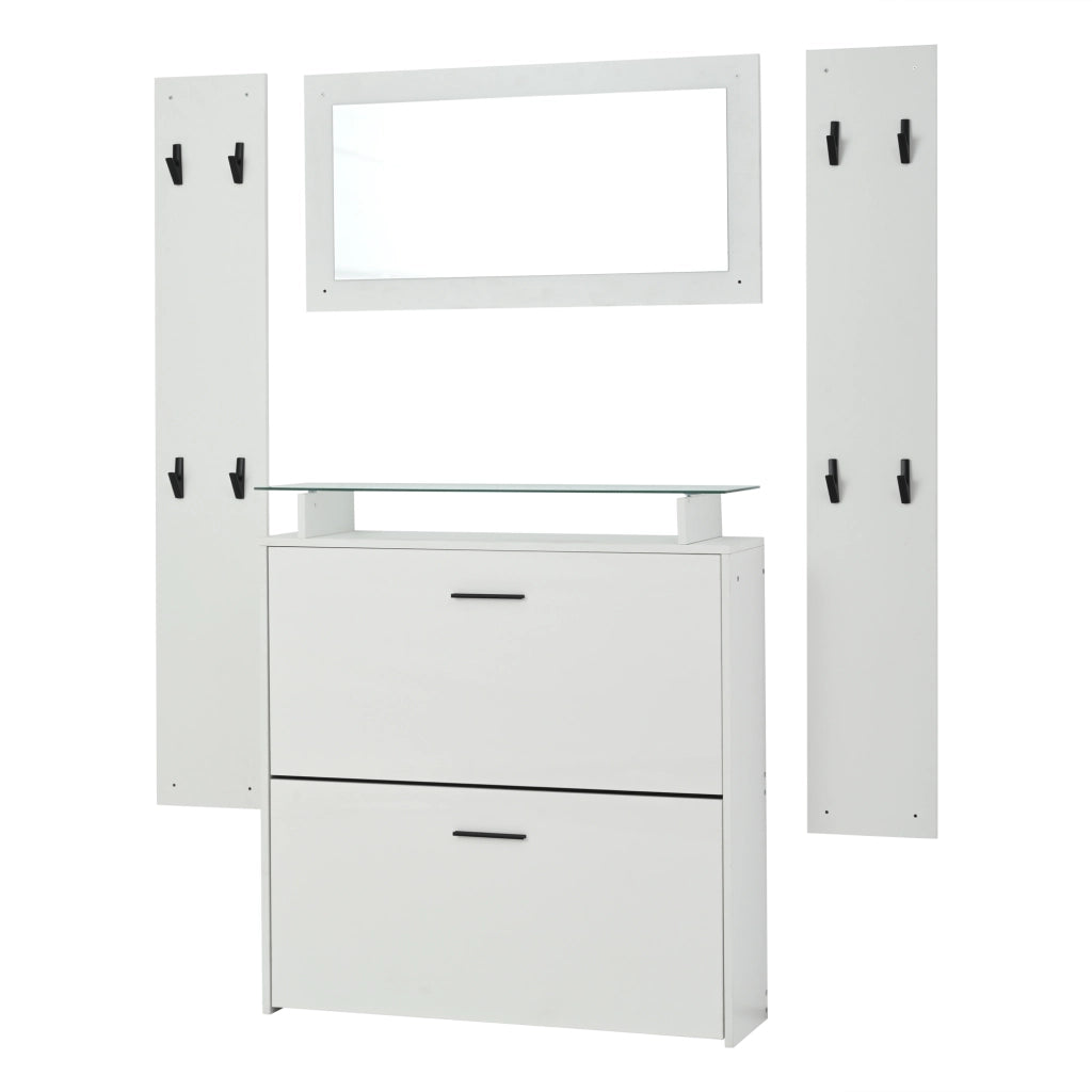 Set Mobili Ingresso 4 Pezzi Scarpiera Bianco Lucido Specchio e Appendiabiti