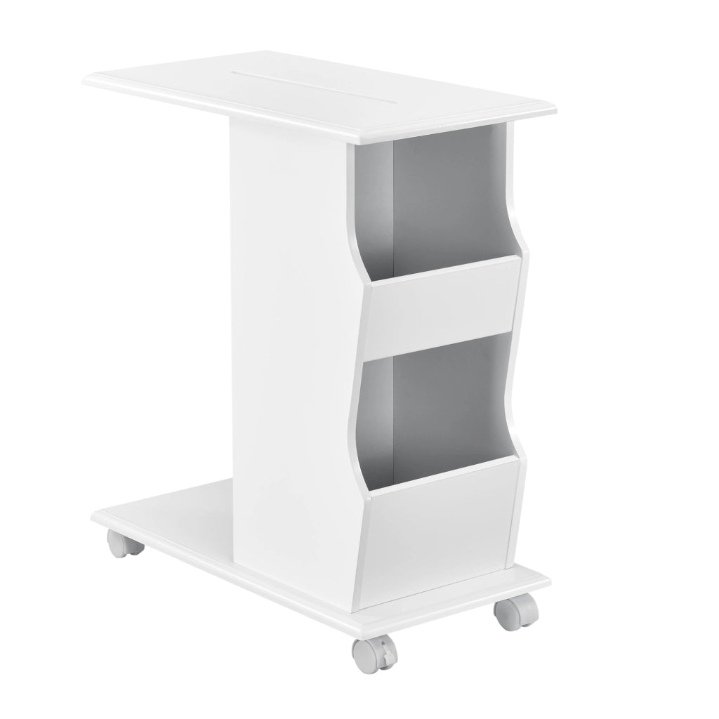 Tavolino Laterale da Divano con Rotelle Ripiani e Porta Riviste 53x30x63 cm Bianco [en.casa]