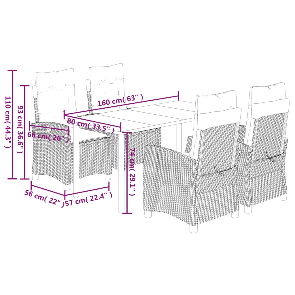 Set da Pranzo da Giardino 5 pz Nero con Cuscini in Polyrattan 3212736