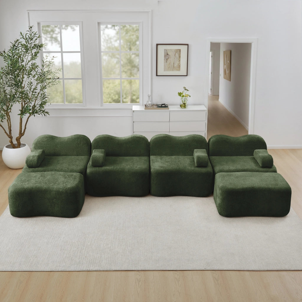 Divano Modulare U 4 Posti con 2 Ottoman ¨C MINIMAL ¨C Tessuto Verde, Cuscini Braccioli Mobili