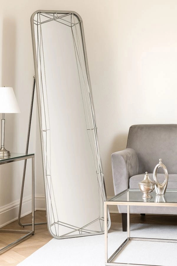 Specchio da Terra Silver 46x2x153 cm in Ferro e MDF e Specchio Grigio
