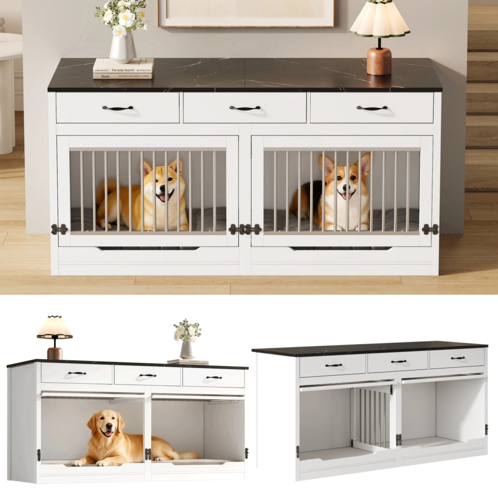 Gabbia per cani 164x60x81 cm bianca e nera in MDF e metallo; 3 cassetti