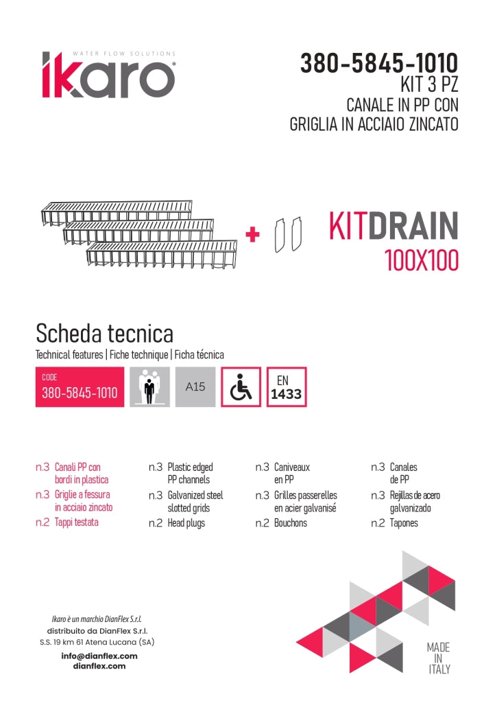 Kit 3 Pezzi Canale in PP con Griglia in Acciaio Ikaro 100 x 100 1000 mm