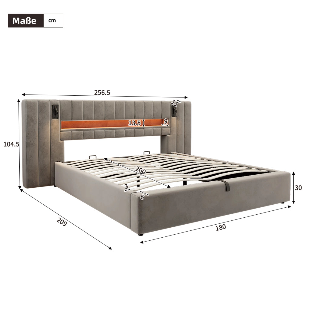 Letto contenitore 180 × 200 cm con USB-A e USB-C LED 16 colori lampada da comodino velluto grigio