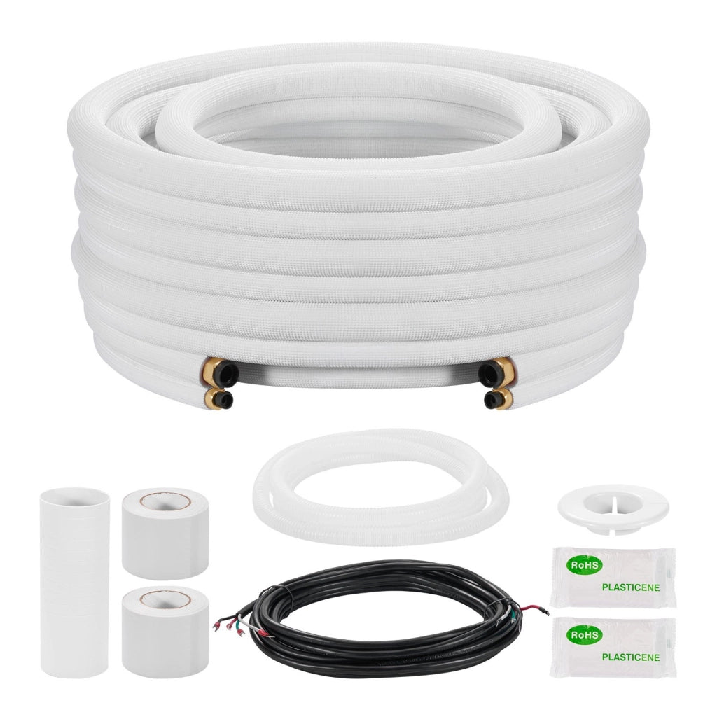 Kit Liaison Frigorifique Tuyau en Cuivre Mini-split 6,4 mm 12,7 mm Diamètre Extérieur, 15,2 m Longueur, Bobine Isolée en PE Blanc Épais 9,5 mm avec Éc