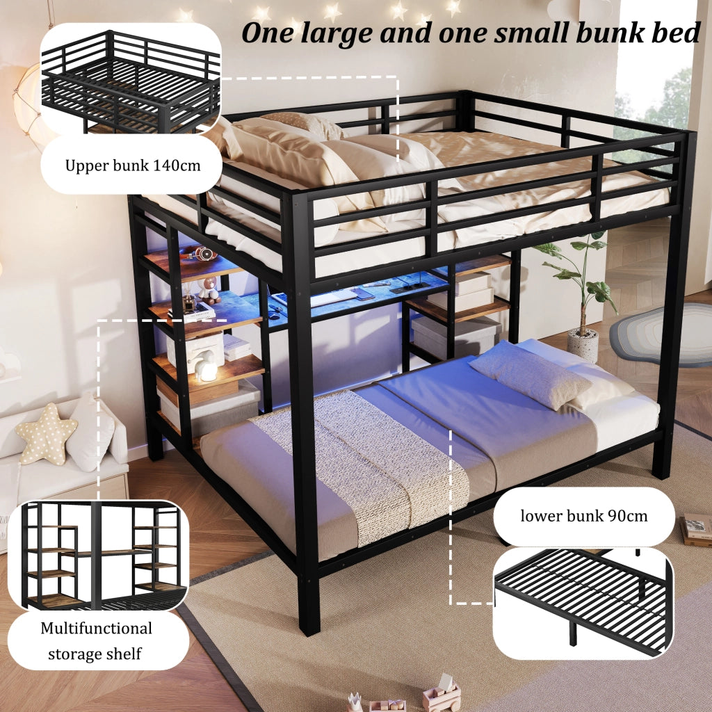 Letto a castello 90 × 200 cm e 140 × 200 cm in metallo e MDF nero con ripiani LED USB e Type-C