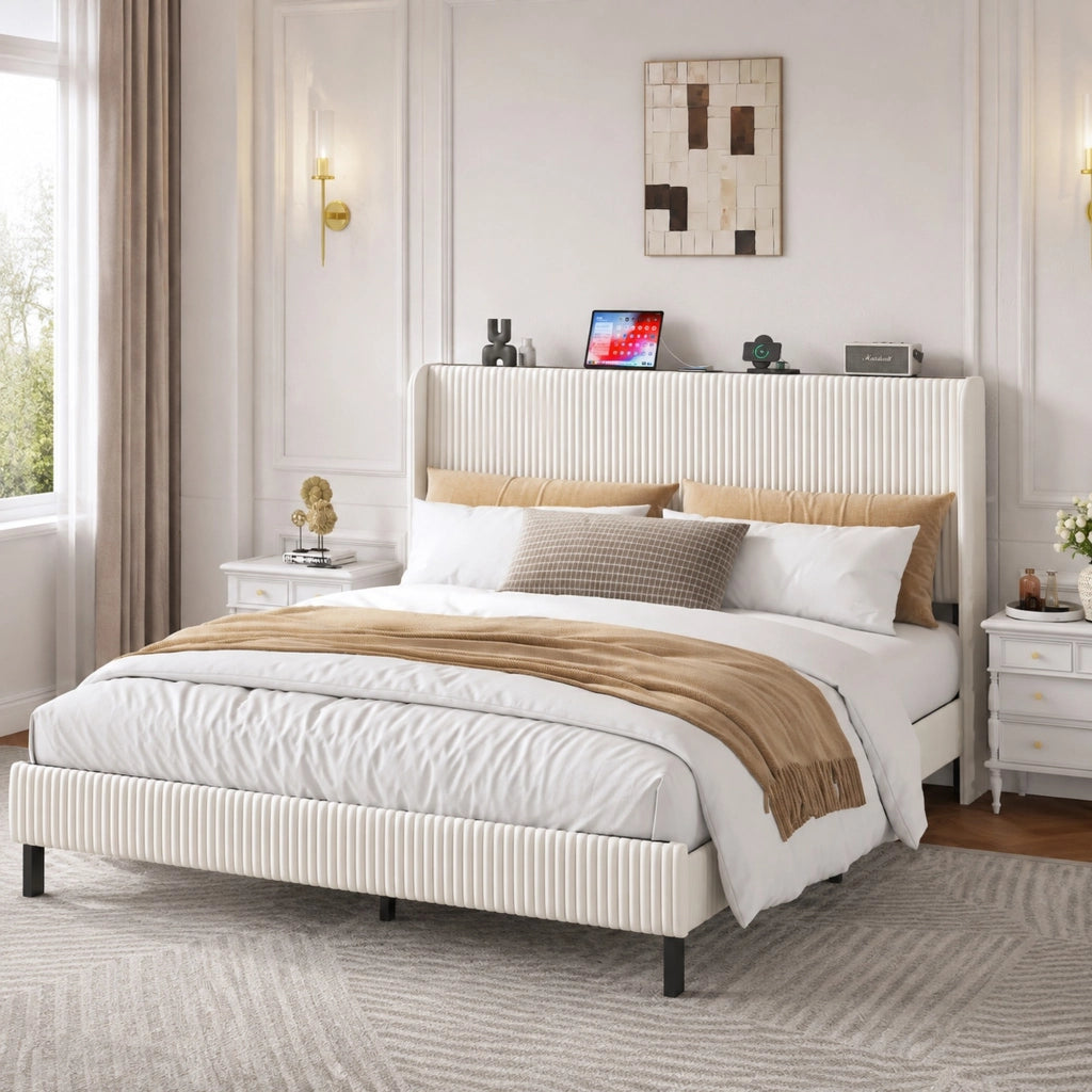 Letto matrimoniale 180x200 cm in velluto a coste beige e crema