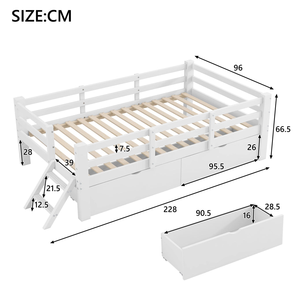 Letto a piattaforma 90x200 cm con sponde; 2 cassetti; MDF e compensato; bianco