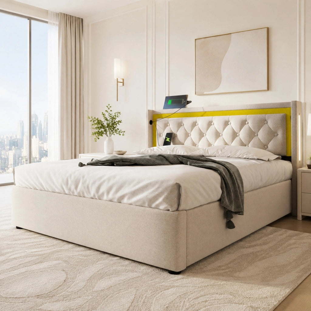 Letto matrimoniale imbottito 140x200 cm con LED, USB e Type-C, contenitore, beige chiaro