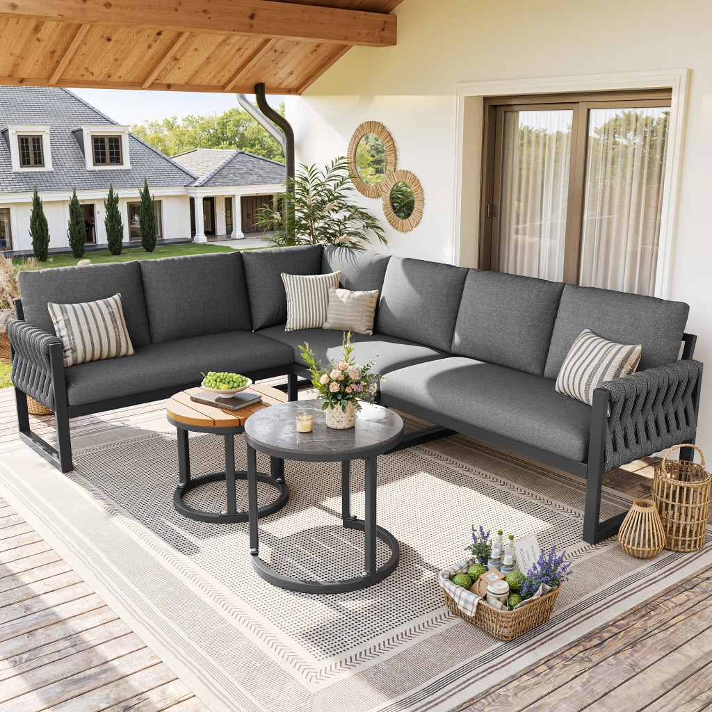 Set lounge da giardino modulare grigio con 2 tavolini regolabili e cuscini sfoderabili in olefina