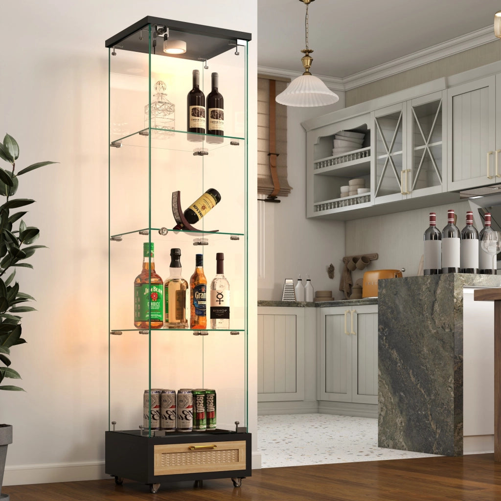 Vetrina espositiva con LED a 13 colori; quattro livelli e ruote con freni in MDF e vetro temperato nero