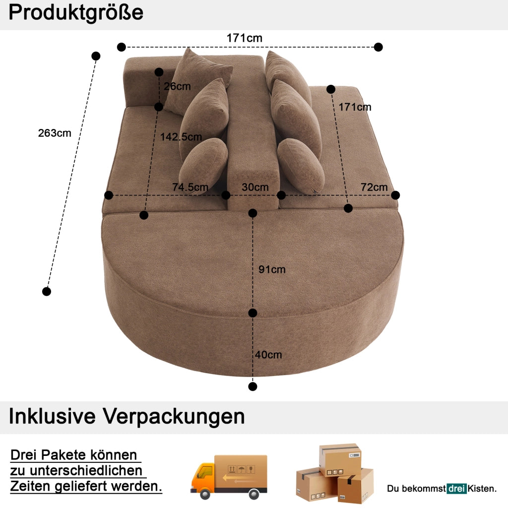 DIVANO MODULARE in chenille marrone, senza montaggio, con cuscini