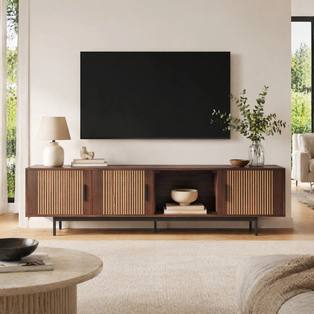 Mobile TV 200x35x53 cm con LED via Bluetooth e app in MDF e truciolare nero e marrone noce