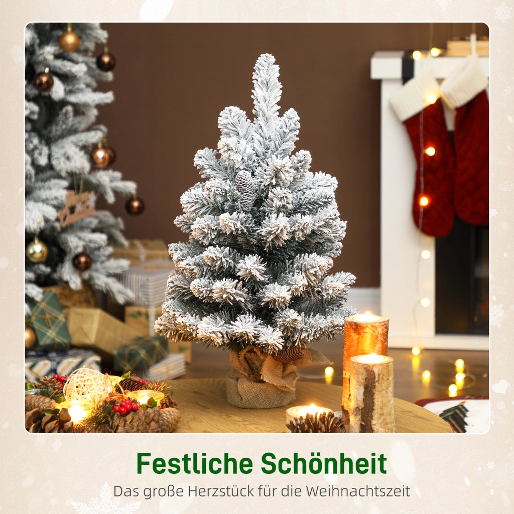 Mini Albero di Natale Artificiale 60 cm Innevato con 72 Rami e 6 Pigne Base in Cemento Decorazione Natalizia da Tavolo per Casa