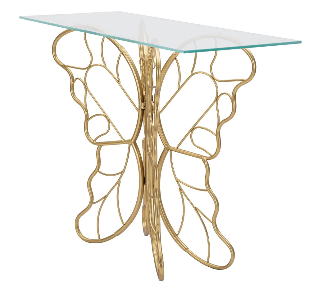 Console Butterfly 110x40x76 cm in Ferro e Vetro Oro