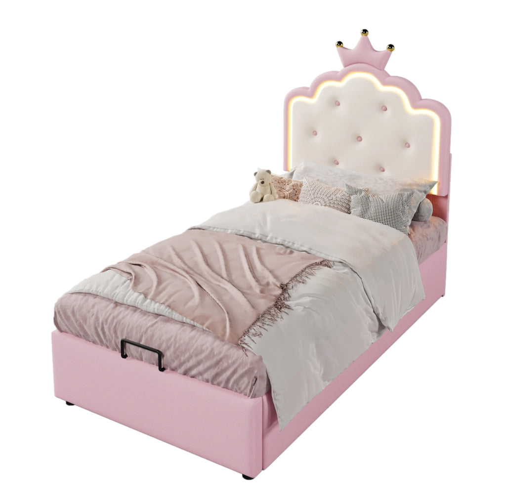Letto per bambini imbottito 90x200 cm in PU e MDF con luce LED e contenitore, rosa