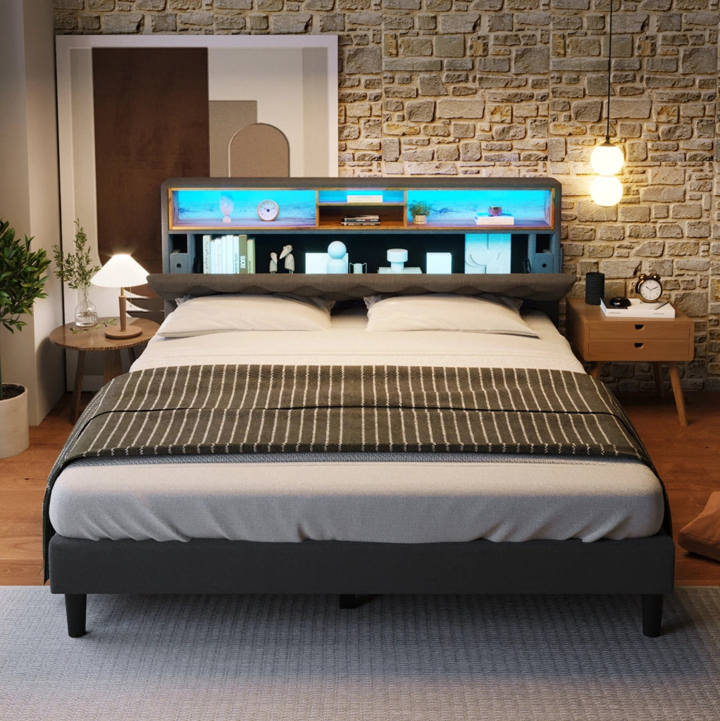 LETTO imbottito 140x200 cm Grigio con testiera contenitore e LED