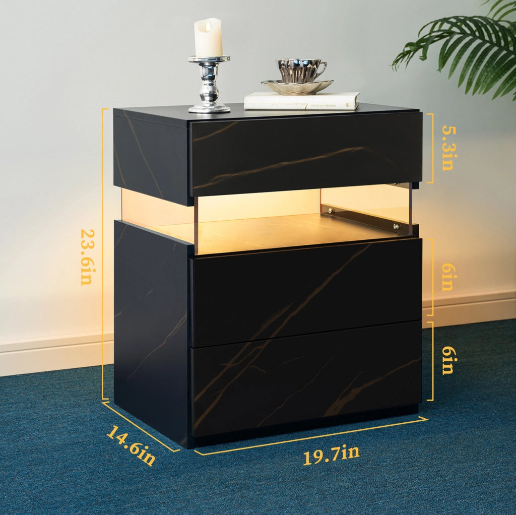 Comodino con LED RGB e 3 cassetti in legno ingegnerizzato nero e oro