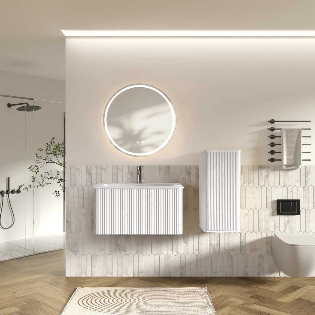 Set di mobili con lavabo sospeso; specchio LED e mobile laterale bianco con lavabo in pietra artificiale