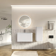 Set di mobili con lavabo sospeso; specchio LED e mobile laterale bianco con lavabo in pietra artificiale