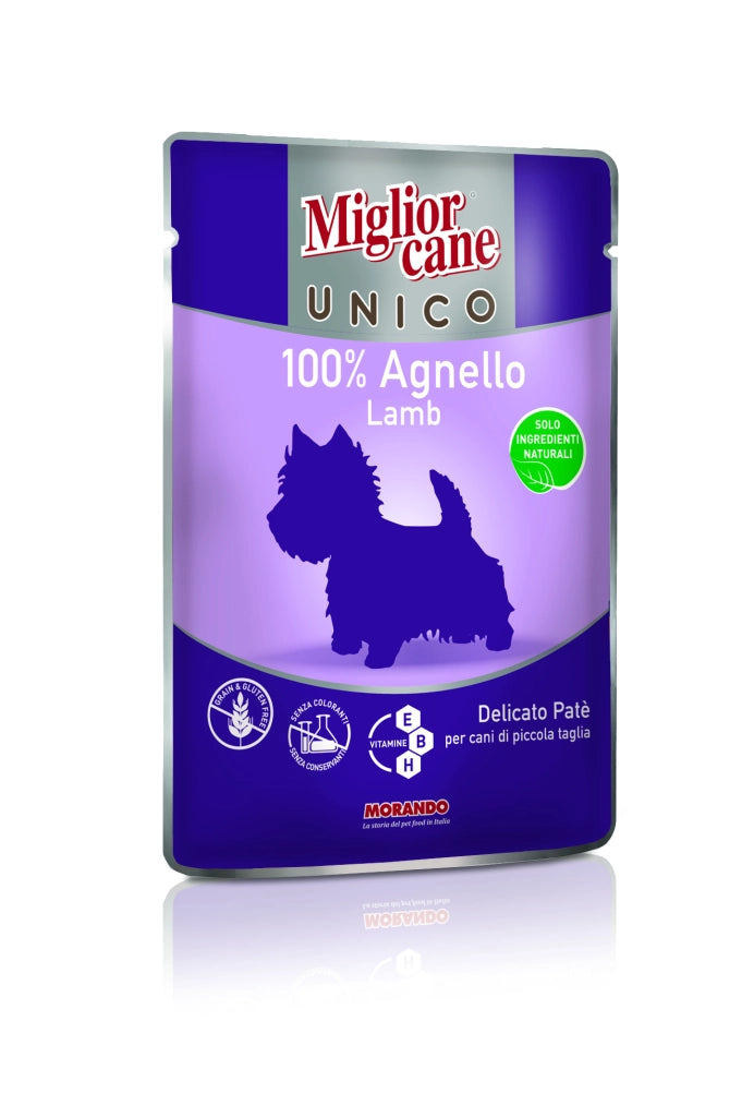 SET 48 BUSTINE MIGLIOR CANE UNICO PATE' 100% AGNELLO CANI TAGLIA MINI 100 GRAMMI
