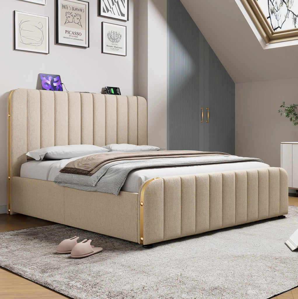 LETTO Contenitore 180x200 cm Beige in lino con USB Type-C