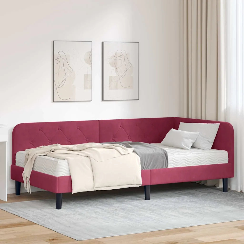 Cornice del letto ad angolo Rosso Vino 90 x 190 cm Velluto
