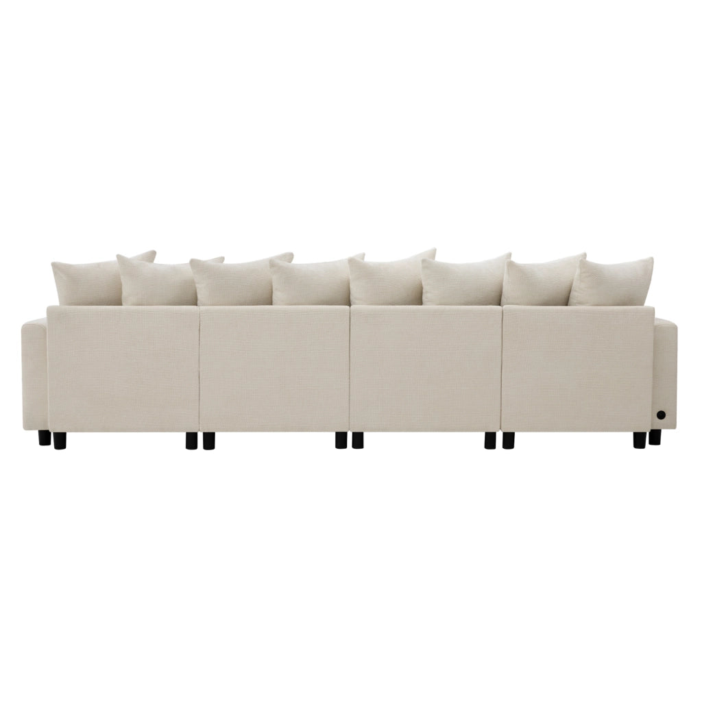 Divano angolare modulare 6 posti a U/L con 2 pouf, porte USB e Type-C, chenille beige