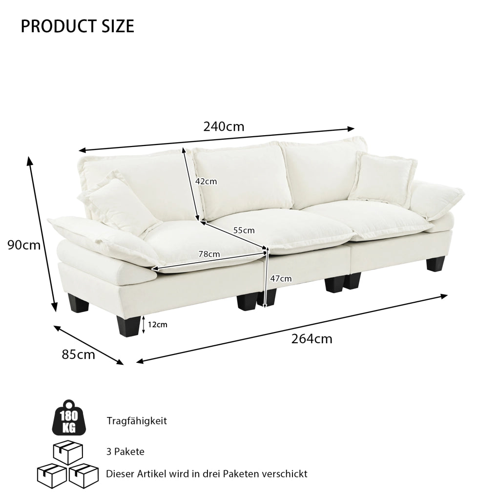 Divano 3 Posti in Ciniglia con Braccioli Curvi; Design Compatto; Beige