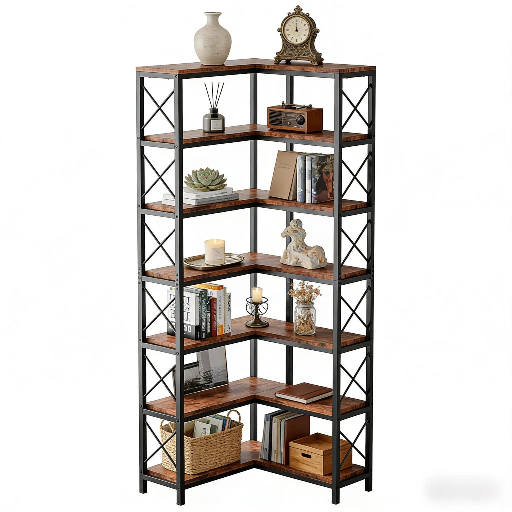 Libreria angolare in metallo e legno, design industriale, 7 ripiani, nero e marrone rustico