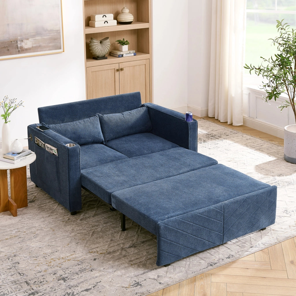 Divano letto 2 posti navy blue con sistema a scorrimento e ricarica USB