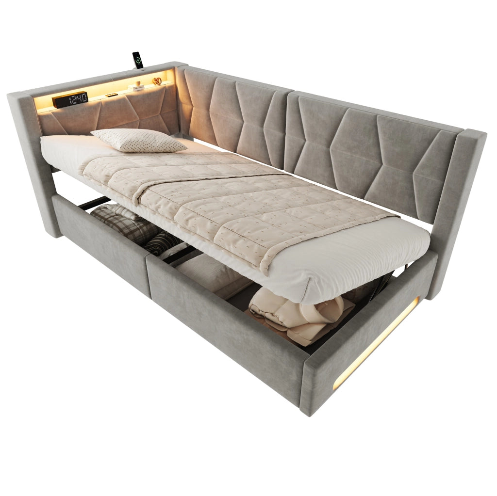 Letto imbottito 90x200 cm con contenitore, LED, USB e Type-C, velluto grigio scuro