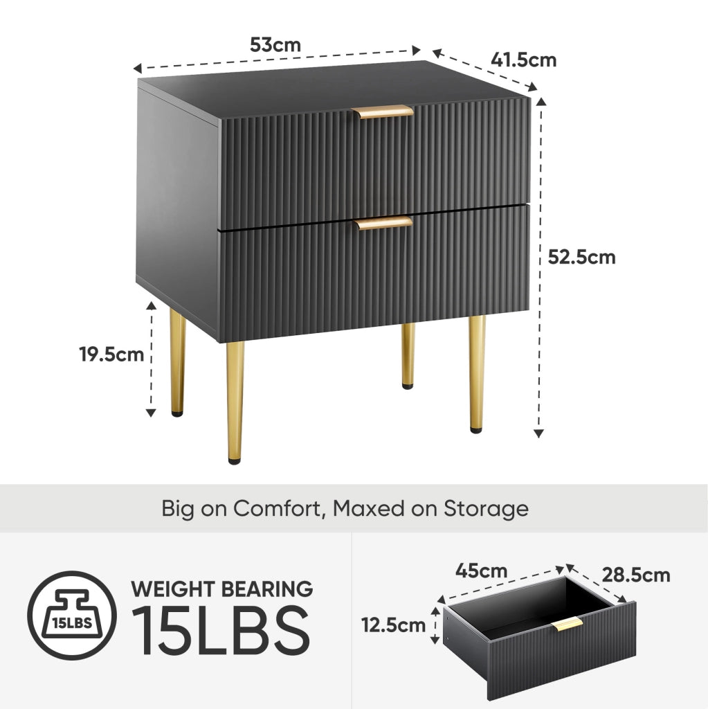 Comodino nero 53 x 41,5 x 52,5 cm, 2 cassetti, MDF e metallo