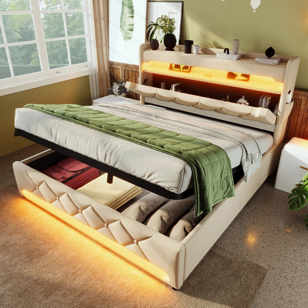 Letto matrimoniale 160x200 imbottito in lino beige con contenitore idraulico; LED a 360° e testiera portaoggetti